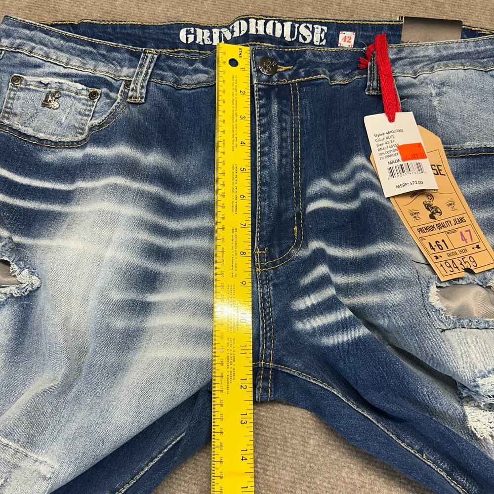 Grindhouse Denim Jeans Men's 42x32 Blue Distressed Patches Whiskers Stretch NEW - Picture 13 of 16